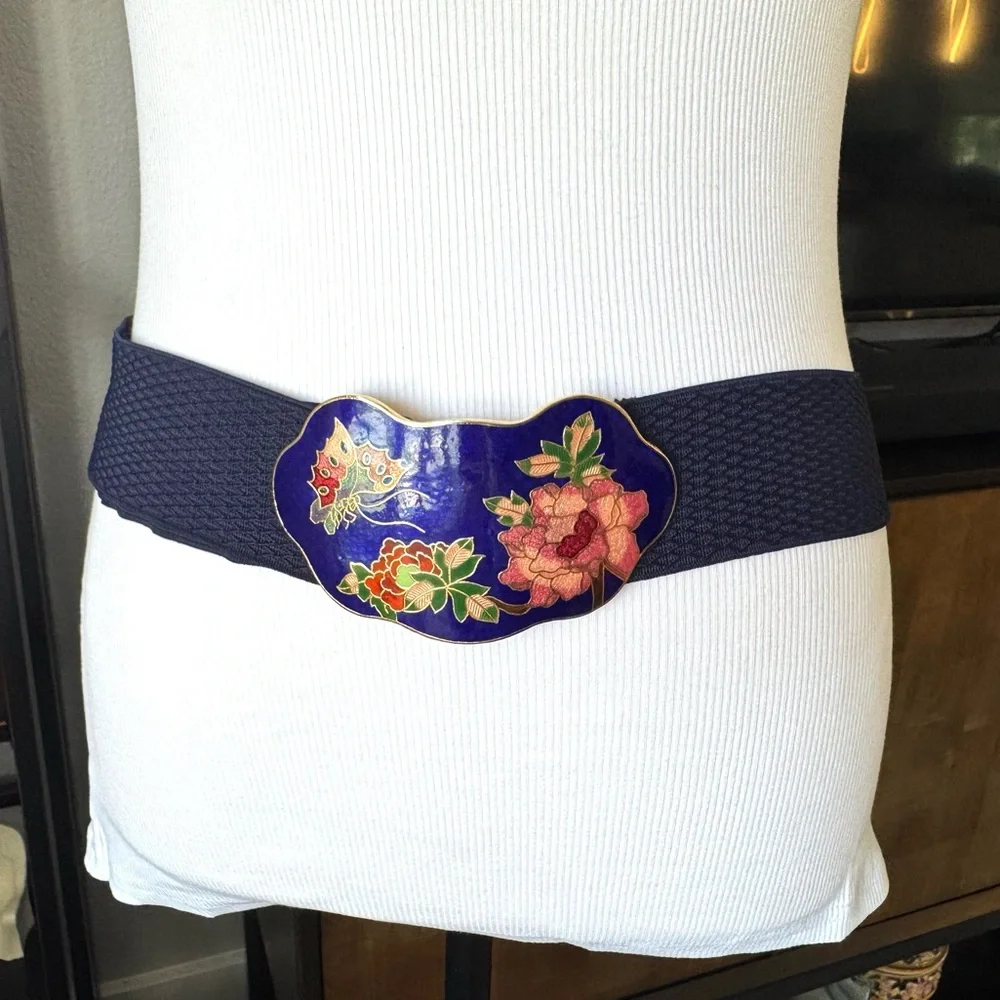 Vintage Cloisonné Floral Blue Stretchy Belt